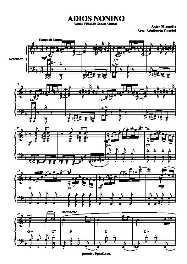 télécharger la partition d'accordéon Adios Nonino (Arrangement : Adalberto Guzzini & Gerson Antunes) (Tango) au format PDF