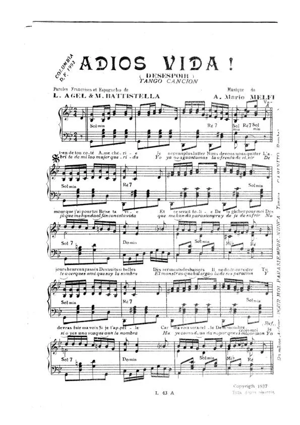 télécharger la partition d'accordéon Adios vida (Désespoir) (Tango Chanté) au format PDF