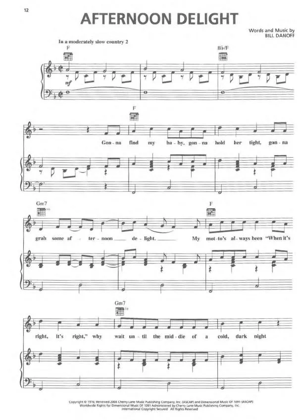 télécharger la partition d'accordéon Afternoon delight (Dimanche après-midi) (Interprètes : Starland Vocal Band / Claude François) (Slow Country) au format PDF
