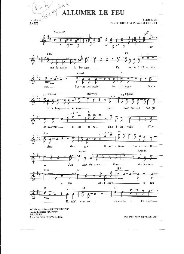 télécharger la partition d'accordéon Allumer le feu (Chant : Johnny Hallyday) (Rock) au format PDF