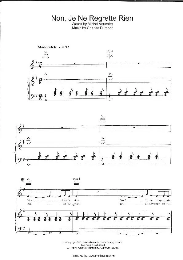 télécharger la partition d'accordéon Non Je ne regrette rien (Chant : Edith Piaf) (Piano + Vocal) au format PDF