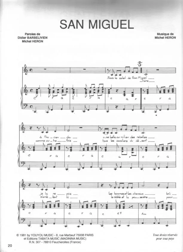 télécharger la partition d'accordéon San Miguel (Chant : Philippe Lavil) au format PDF