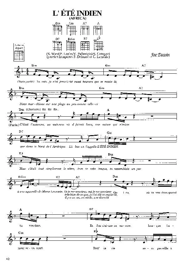 télécharger la partition d'accordéon L'été indien (Africa) (Chant : Joe Dassin) (Slow) au format PDF