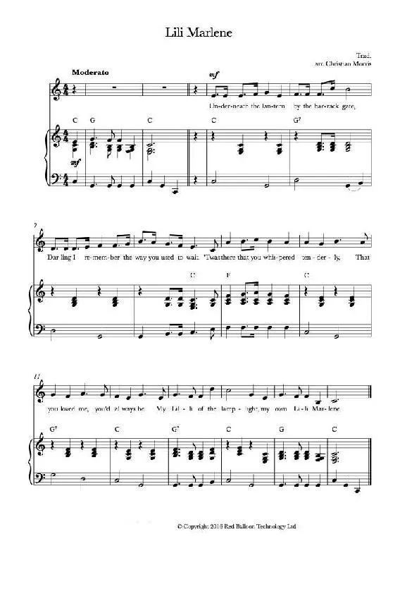 télécharger la partition d'accordéon Lili Marlene (Arrangement : Christian Morris) (Piano+Vocal) au format PDF
