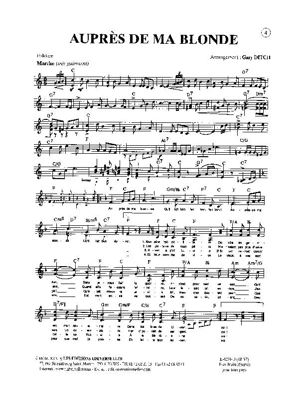 télécharger la partition d'accordéon Auprès de ma blonde (Arrangement : Gary Ditch) (Marche) au format PDF