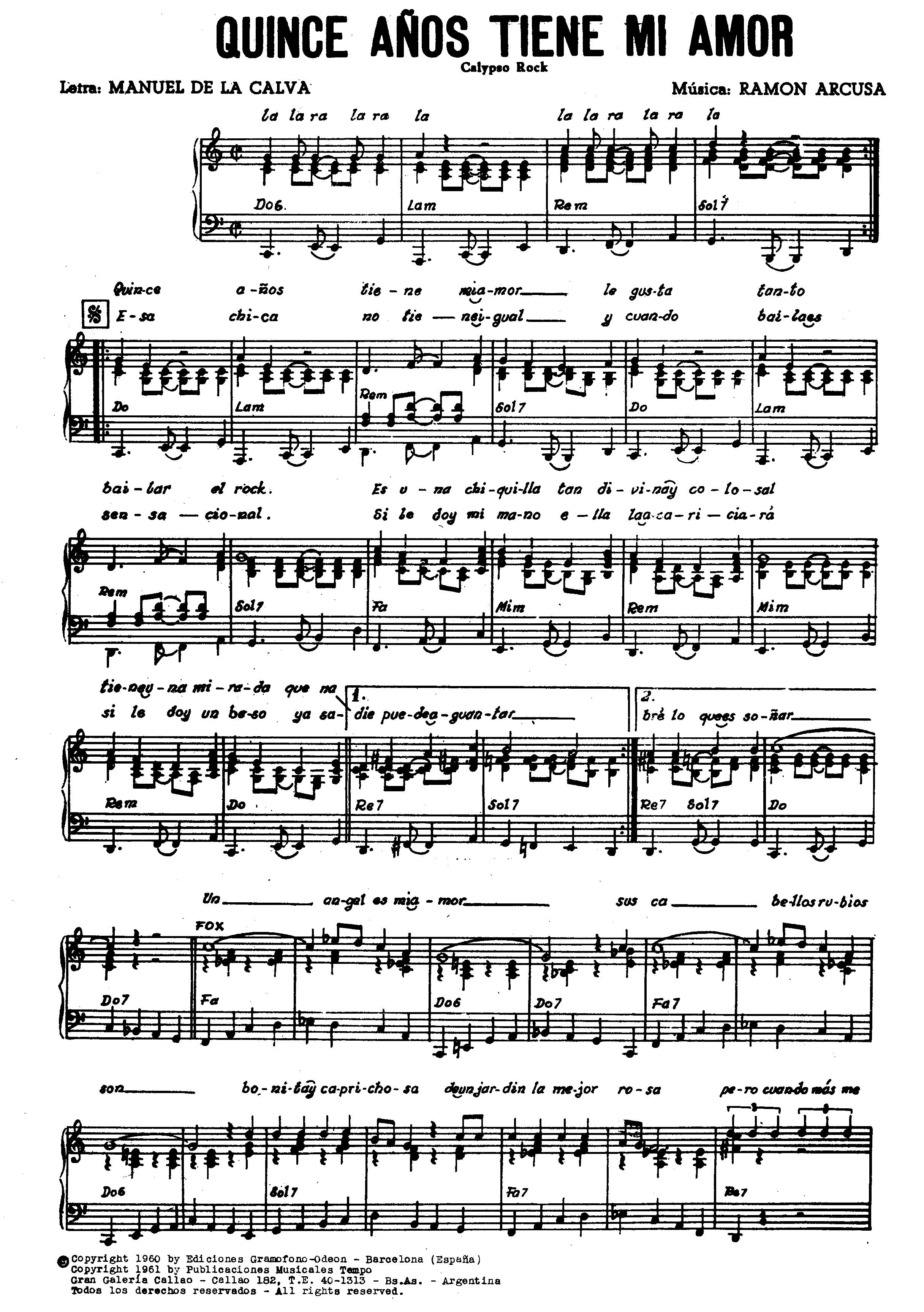 télécharger la partition d'accordéon Quince años tiene mi Amor (Calypso Rock) (Piano + Vocal) au format PDF