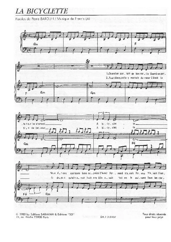 télécharger la partition d'accordéon La bicyclette (Chant : Yves Montand) au format PDF
