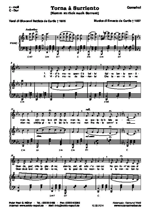télécharger la partition d'accordéon Torna à Surriento (Komm zurück nach Sorrent) (Piano + Vocal) au format PDF