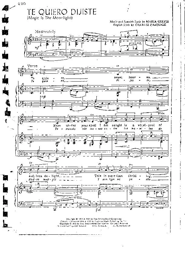télécharger la partition d'accordéon Te quiero dijiste (Magic is monlight) (Beguine) (Piano) au format PDF
