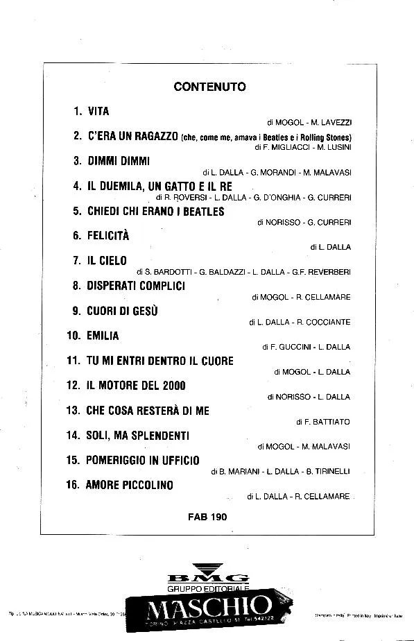 télécharger la partition d'accordéon Lucio Dalla & Gianni Morandi & Dalla Morandi : Album Completo Spartiti (16 Titres) au format PDF