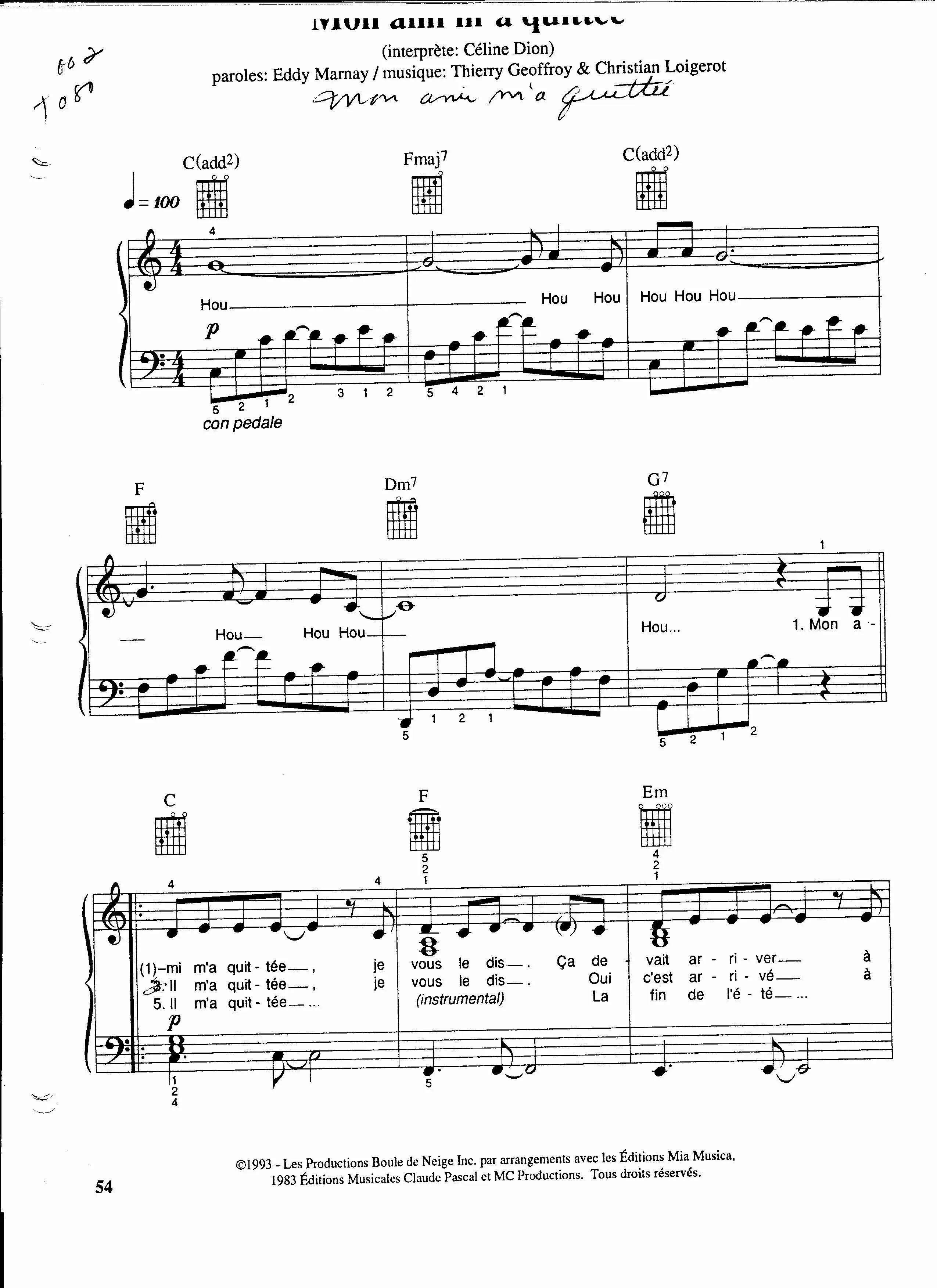 télécharger la partition d'accordéon Mon ami m'a quitté (Chant : Céline Dion) au format PDF