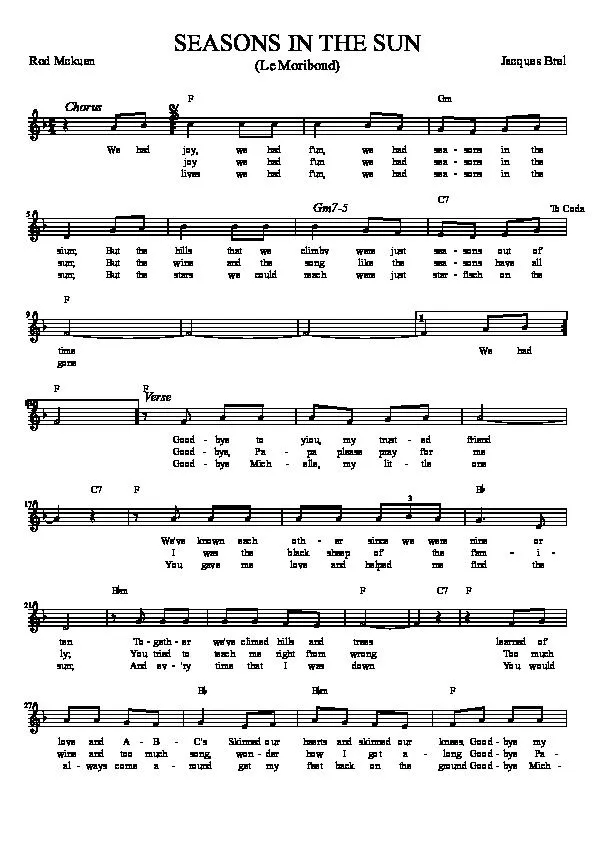 télécharger la partition d'accordéon Seasons in the sun (Le Moribond) (Chant : Terry Jacks / Jacques Brel) (Relevé) au format PDF