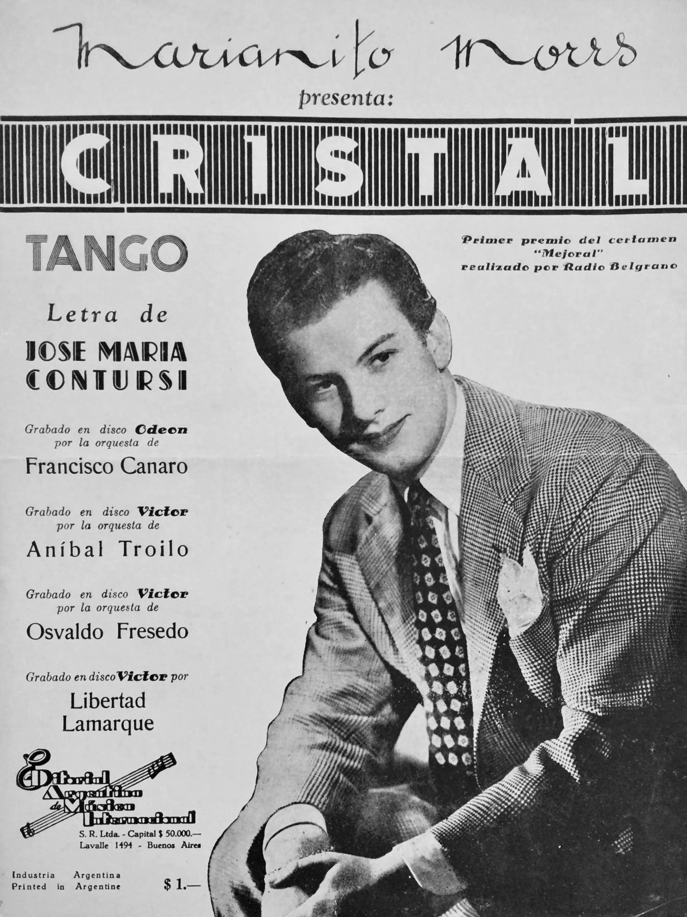 télécharger la partition d'accordéon Cristal (Chant : Francisco Canaro / Anibal Troilo) (Tango) (Piano) au format PDF