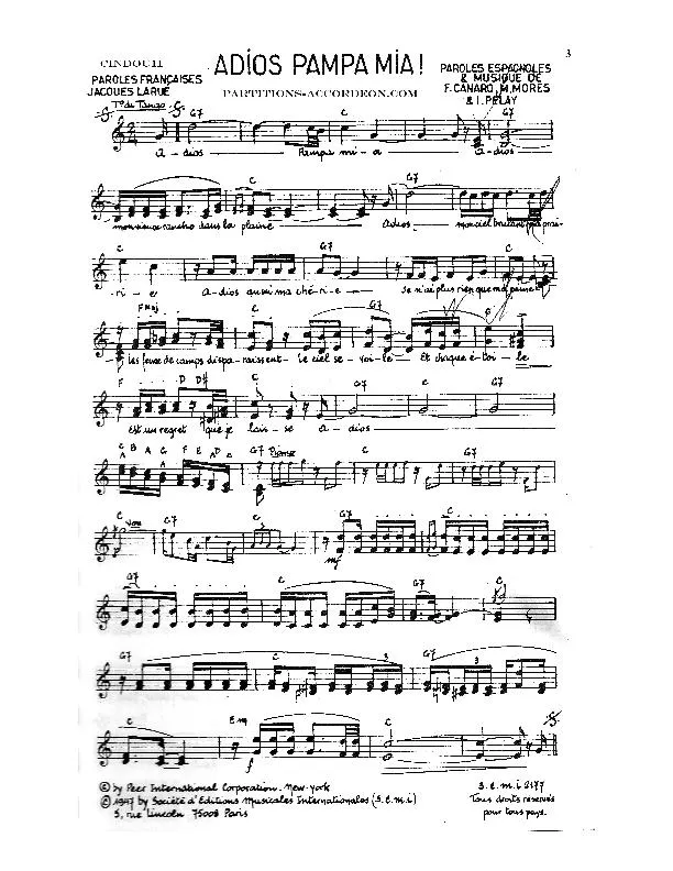 télécharger la partition d'accordéon Adios Pampa Mia (Chant : Tino Rossi) (Tango) au format PDF