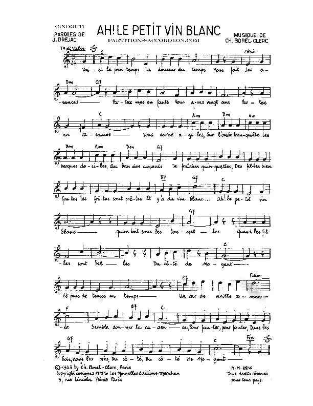 télécharger la partition d'accordéon Ah Le petit vin blanc (Chant : Lina Margy / Colette Renard / Tino Rossi) (Valse) au format PDF