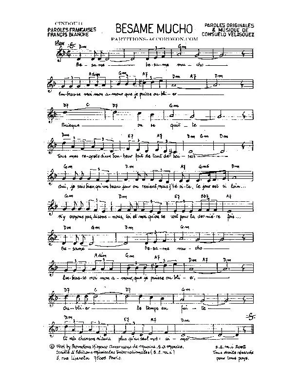 télécharger la partition d'accordéon Besame Mucho (Chant : Dalida) au format PDF