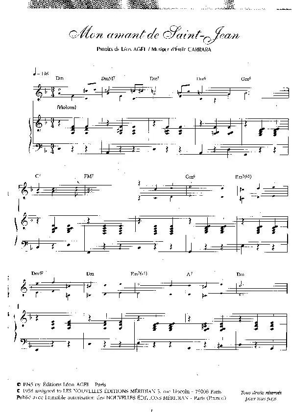 télécharger la partition d'accordéon Mon amant de Saint-Jean (Chant : Lucienne Delyle / Ginette Garcin / Edith Piaf) (Valse) au format PDF