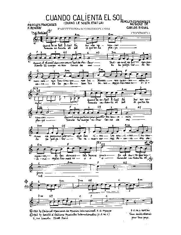 télécharger la partition d'accordéon Cuando calienta el sol (Quand le soleil était là) (Rock Lent) au format PDF