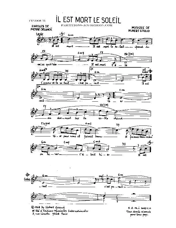 télécharger la partition d'accordéon Il est mort le soleil (Chant : Nicoletta) au format PDF