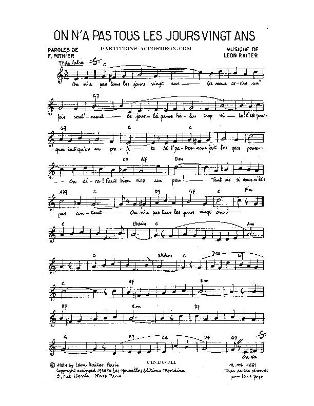 télécharger la partition d'accordéon On a pas tous les jours vingt ans (Chant : Berthe Sylva) (Valse) au format PDF