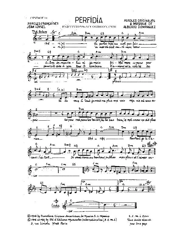 télécharger la partition d'accordéon Perfidia (Chant : Luis Mariano / Roland Gerbeau) (Boléro) au format PDF
