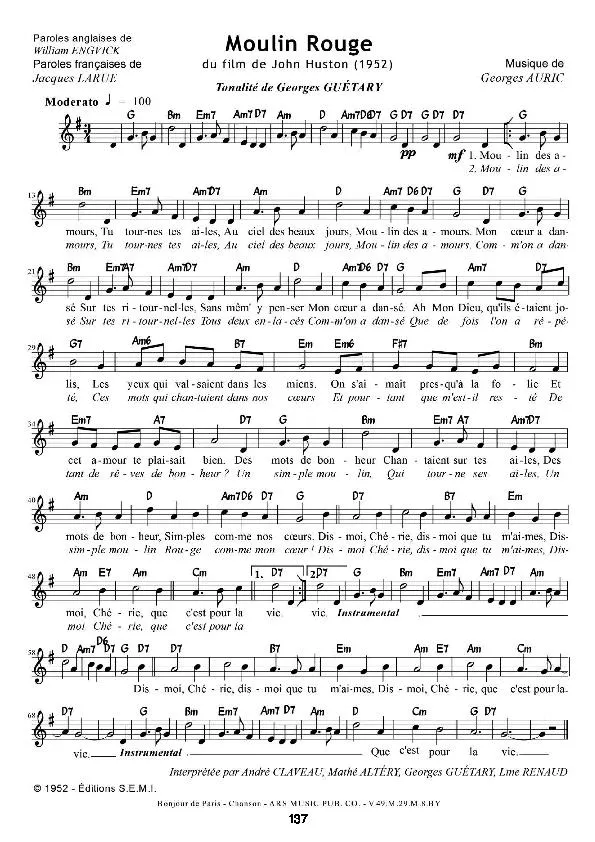 télécharger la partition d'accordéon Moulin Rouge (Du Film de : John Huston en 1952) (Chant : André Claveau) au format PDF