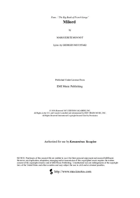 télécharger la partition d'accordéon Milord (Chant : Édith Piaf) au format PDF