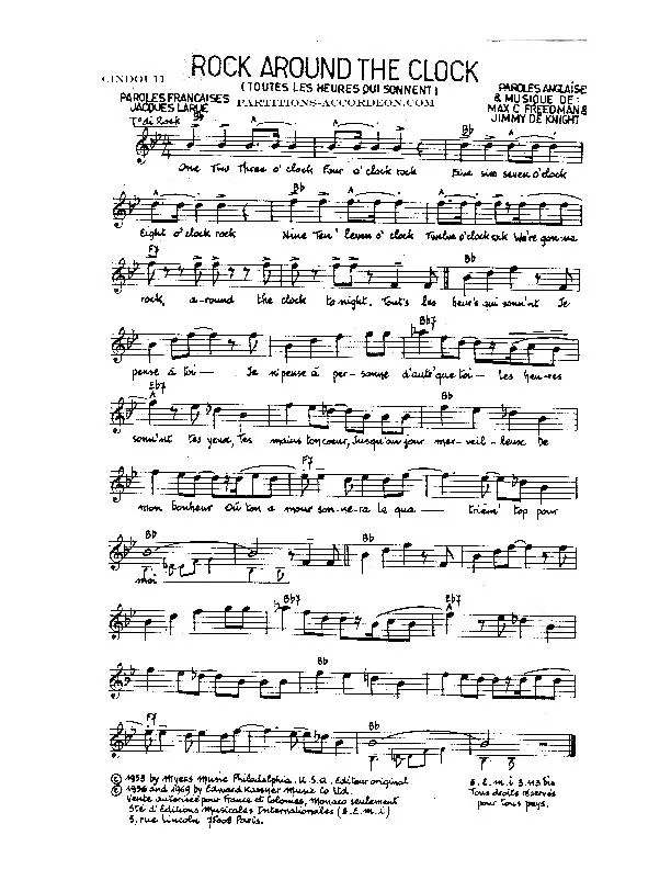 télécharger la partition d'accordéon Rock around the clock (Toutes les heures qui sonnent) (Chant : Bill Haley / Jacques Hélian) au format PDF
