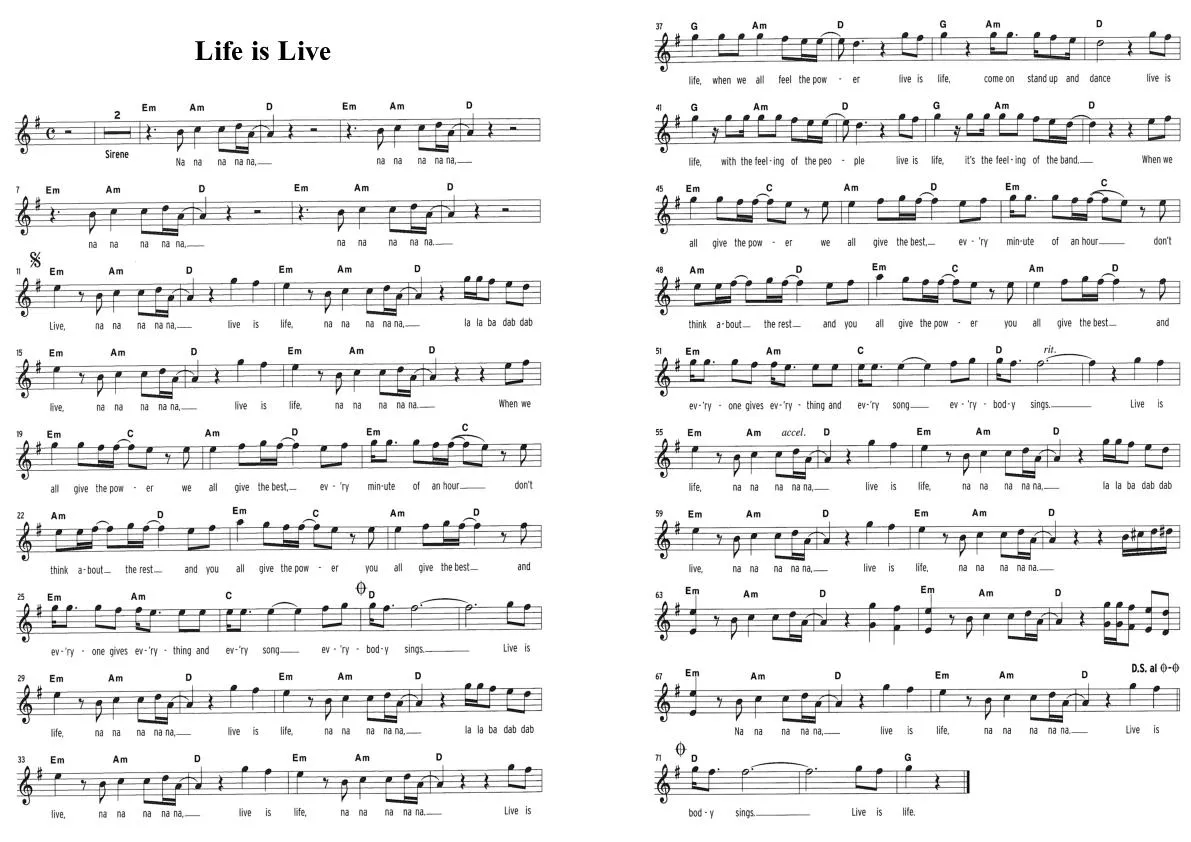 télécharger la partition d'accordéon Live is Life (Chant : Opus) au format PDF