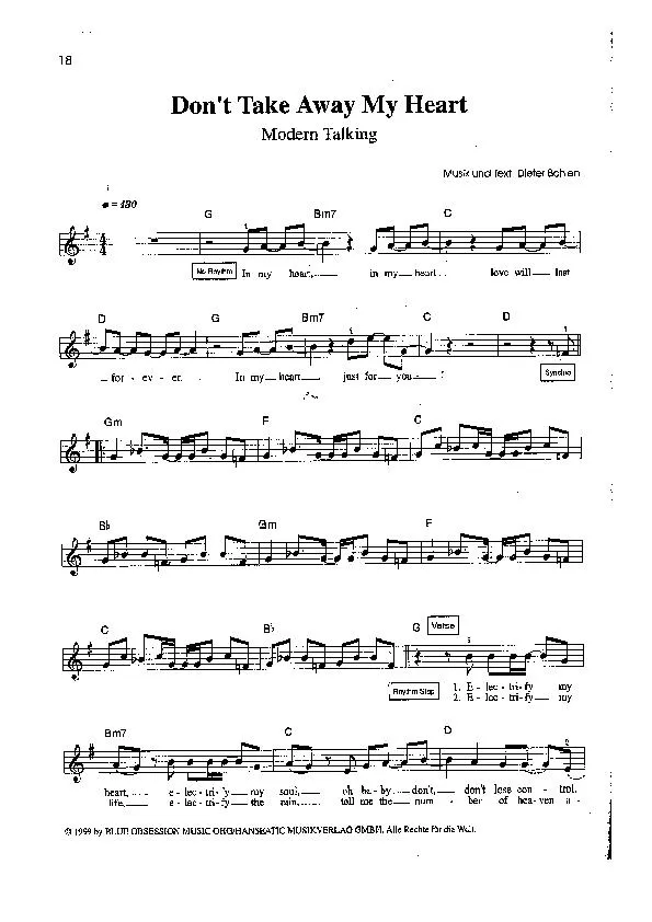 télécharger la partition d'accordéon Don't take away my heart (Interprètes : Modern Talking) (Disco Rock) au format PDF