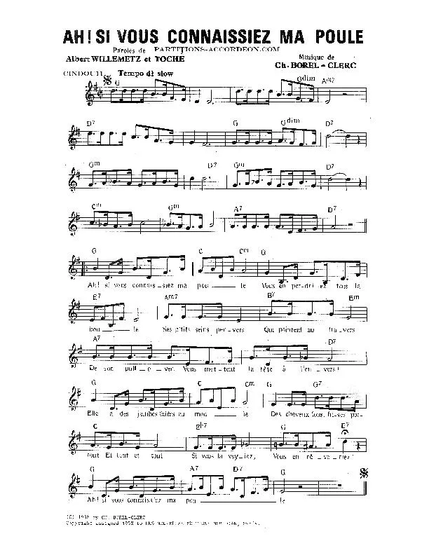télécharger la partition d'accordéon Ah Si vous connaissiez ma poule (Chant : Maurice Chevalier) au format PDF