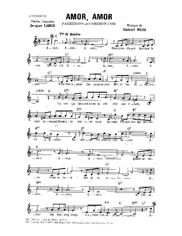 télécharger la partition d'accordéon Amor Amor (Chant : Dalida / Tino Rossi / Luis Mariano) (Boléro) au format PDF