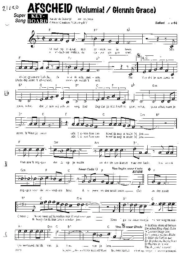 télécharger la partition d'accordéon Afscheid (Chant : Volumia / Glennis Grace) (Arrangement : Jo Janse) (Slow) au format PDF