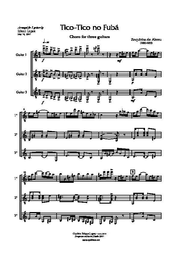 télécharger la partition d'accordéon Tico Tico no Fubá (Choro for three guitars) (Arranged for 3 guitars by : Edson Lopez) (Trois Guitares) au format PDF