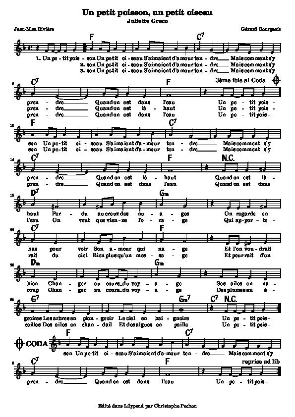 télécharger la partition d'accordéon Un petit poisson Un petit oiseau (Chant : Juliette Gréco) au format PDF