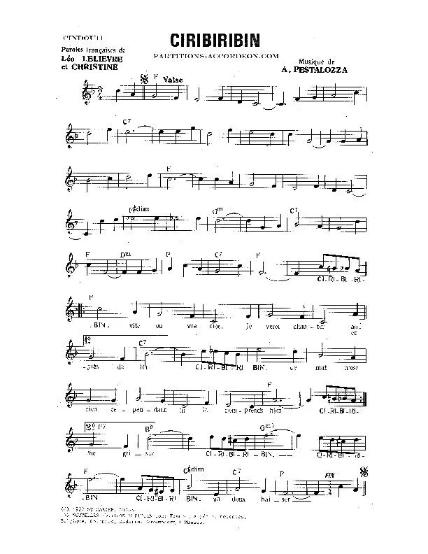 télécharger la partition d'accordéon Ciribiribin (Chant : Frank Sinatra / The Andrew Sisters / Elyane Celis / Mado Robin / Maria Candido) (Valse) au format PDF