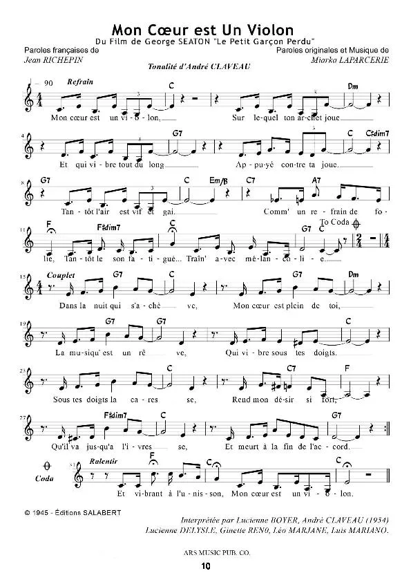 télécharger la partition d'accordéon Mon cœur est un violon (Du Film : Le Petit Garçon Perdu) (Tonalité d'André Claveau) (Chant : André Claveau / Lucienne Delyle) au format PDF
