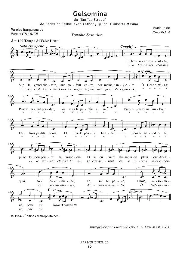 télécharger la partition d'accordéon Gelsomina (Du Film : La Strada) (Chant : Lucienne Delyle / Luis Mariano) (Tonalité Saxo Alto) au format PDF