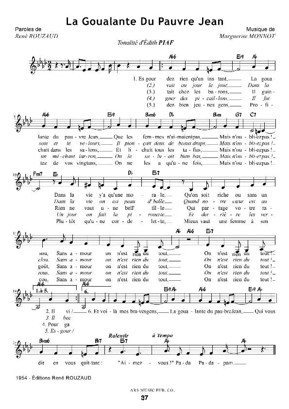 télécharger la partition d'accordéon La goualante du pauvre Jean (Chant : Édith Piaf) au format PDF