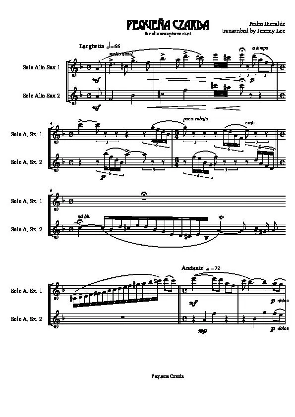 télécharger la partition d'accordéon Pequena Czarda (Chardash / Czardas) (For alto Saxophone - Duet) (Transcribed by : Jeremy Lee) (Duo de Saxophones) au format PDF