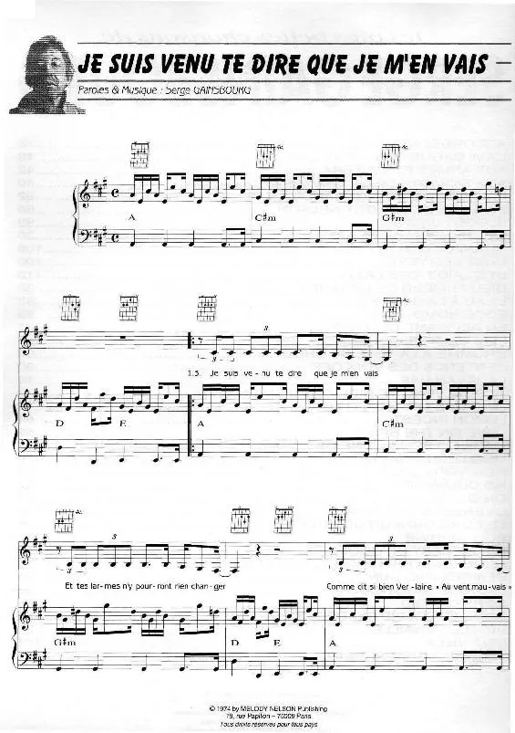 télécharger la partition d'accordéon Je suis venu te dire que je m'en vais (Piano + Vocal) au format PDF