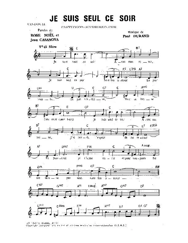 télécharger la partition d'accordéon Je suis seul(e) ce soir (Chant : Léo Marjane / Lucienne Delyle) au format PDF