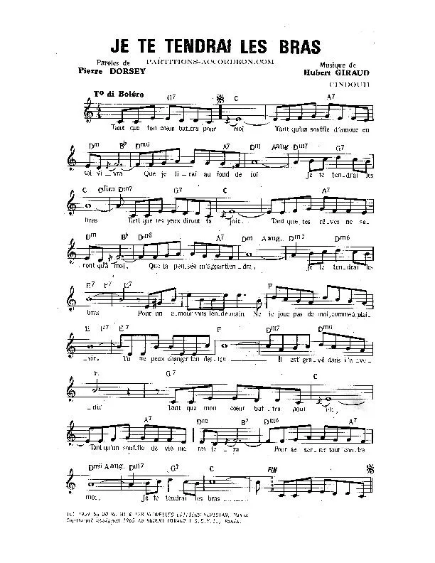 télécharger la partition d'accordéon Je te tendrai les bras (Chant : François Deguelt / Dalida) (Boléro) au format PDF