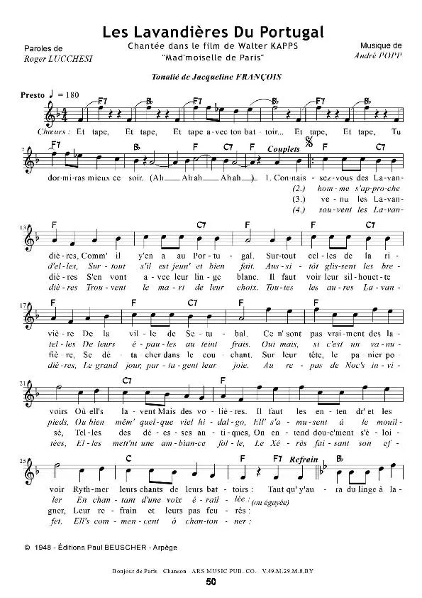 télécharger la partition d'accordéon Les Lavandières du Portugal (Tonalié de Jacqueline François) (Chant : Luis Mariano / Georges Guétary) au format PDF