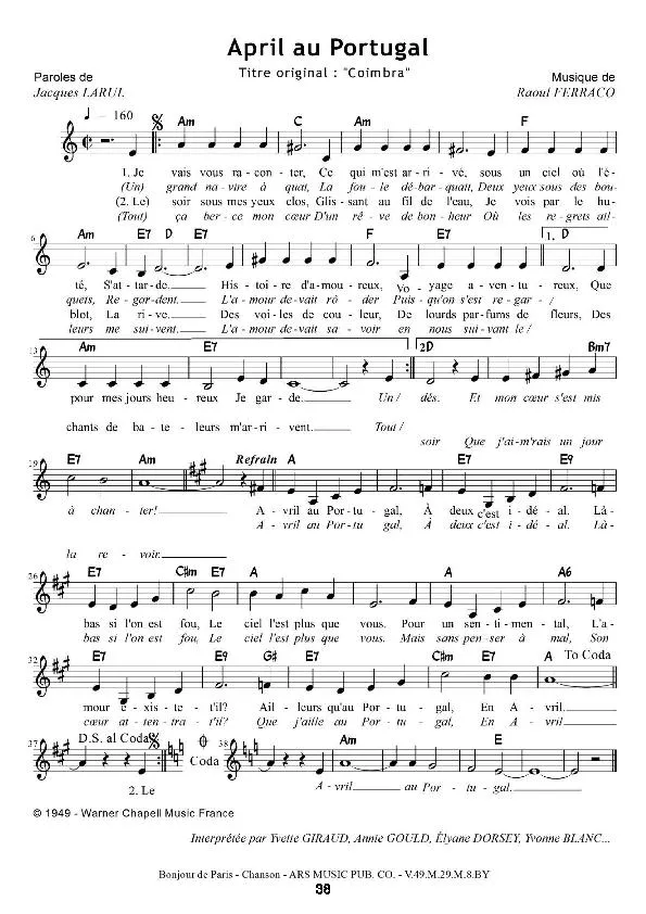télécharger la partition d'accordéon April au Portugal (Titre  original : Coimbra) (Chant : Yvette Giraud / Élyane Dorsey / Annie Gould) au format PDF