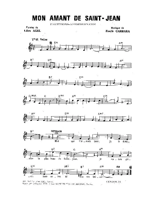 télécharger la partition d'accordéon Mon amant de Saint Jean (Chant : Lucienne Delyle / Edith Piaf) (Valse) au format PDF