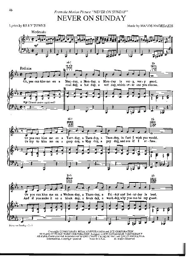 télécharger la partition d'accordéon Never On Sunday (Les enfants du Pirée) (Ta pedia tou Pirea) (Cha Cha) (Piano + Vocal) au format PDF
