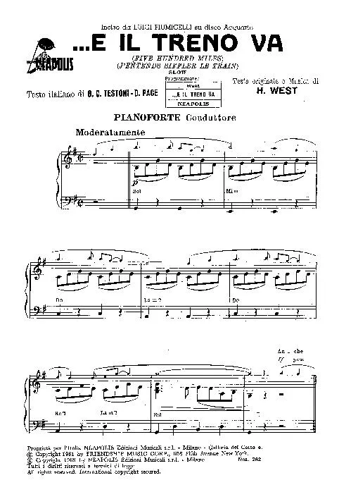 télécharger la partition d'accordéon E il treno va (J'entends siffler le train) (Five hundred miles) (Chant : Richard Anthony) (Slow) (Partie : Piano Conducteur) au format PDF
