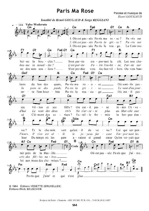 télécharger la partition d'accordéon Paris ma rose (Chant : Serge Reggiani) (Valse) au format PDF