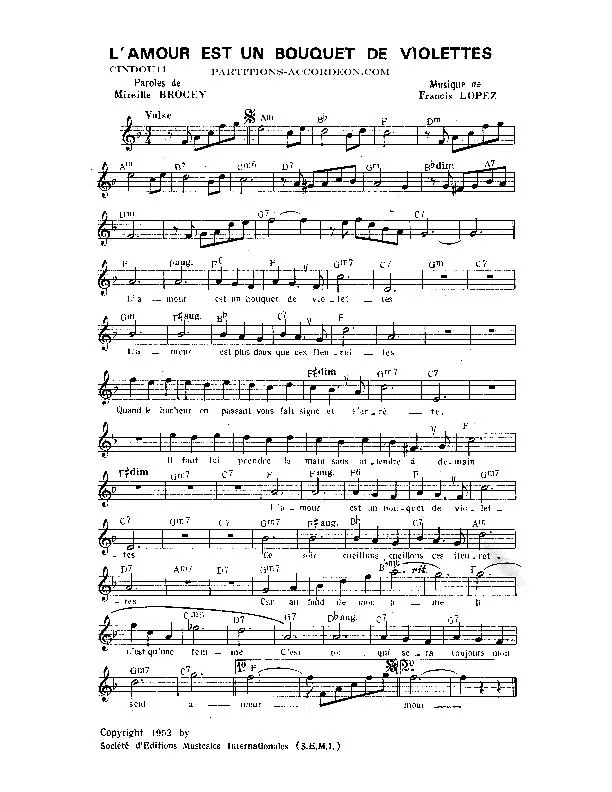 télécharger la partition d'accordéon L'amour est un bouquet de violettes (Chant : Luis Mariano) (Valse) au format PDF
